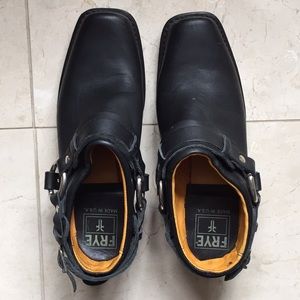 Frye black leather belted harness mules shoes